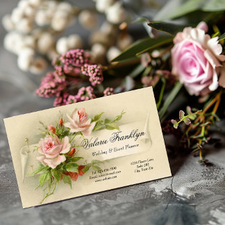 Vintage Pink Roses Wedding Event Planner Business Card