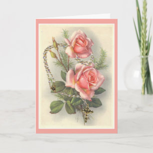 Vintage Pink Roses with Rosary Card