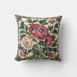Vintage Pink & Sage Green William Morris Peony Throw Pillow
