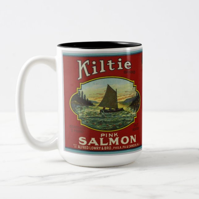 Vintage pink salmon label mug (Left)