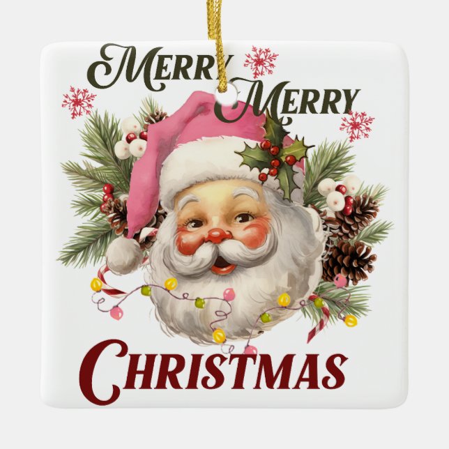 Vintage Pink Santa  Ceramic Ornament (Front)