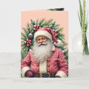 Vintage Pink Santa Christmas Holiday Card