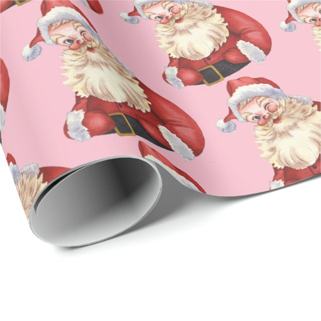 Vintage Pink Santa Christmas Wrapping Paper Set (Roll Corner)