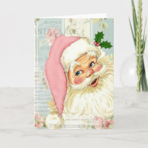 Vintage Pink Santa Claus at Window Holiday Card