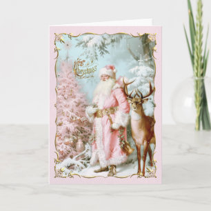 Vintage Pink Santa Claus deer tree Christmas Card 