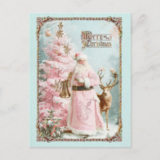 Vintage pink Santa Claus deer tree Christmas card