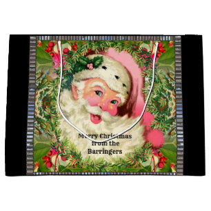 Vintage Pink Santa For Christmas Large Gift Bag