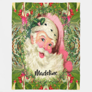 Vintage Pink Santa For Christmas   Monogram Fleece Blanket