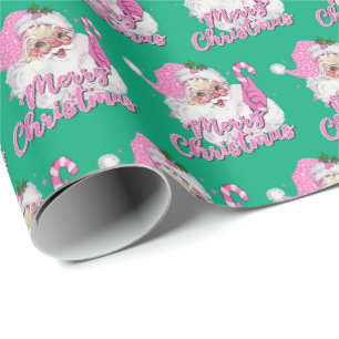 Vintage Pink Santa Merry Christmas Green Wrapping Paper