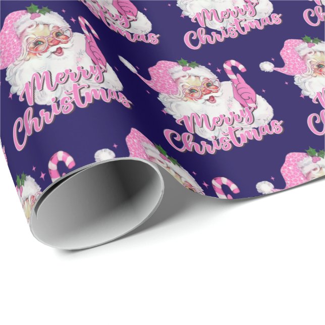 Vintage Pink Santa on Blue Wrapping Paper (Roll Corner)