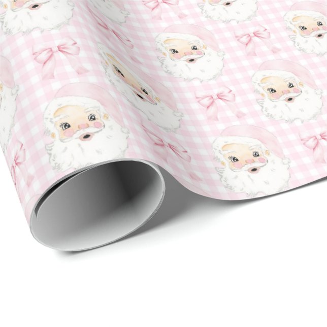 Vintage Pink Santa on Gingham Wrapping Paper (Roll Corner)