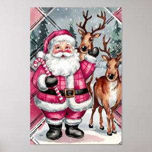 Vintage Pink Santa Reindeer Christmas Wall Art