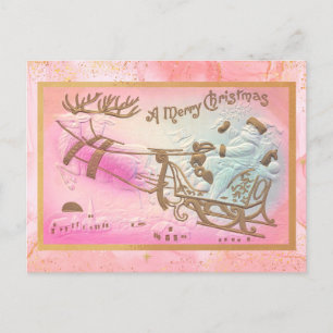 Vintage Pink Santa Sleigh with Reindeer Christmas  Holiday Postcard