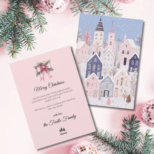 Vintage Pink Script Village Non Photo  Christmas Holiday Card