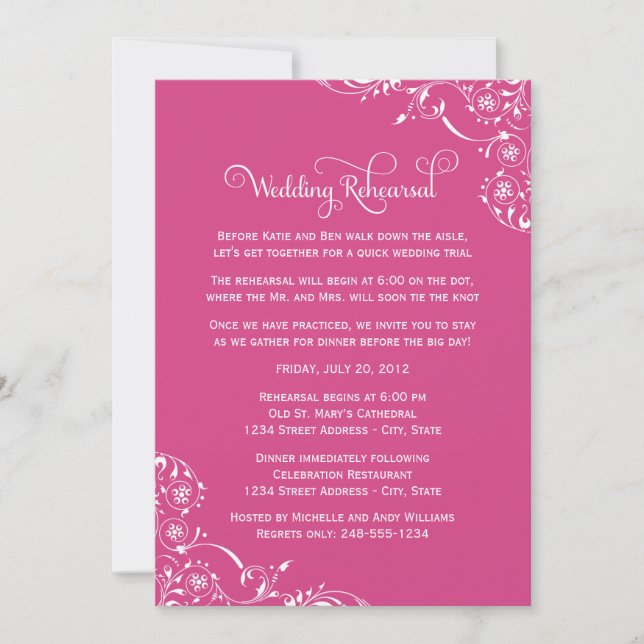 Vintage Pink Scrolls Wedding Rehearsal and Dinner Invitation (Front)