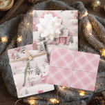 Vintage Pink Snow Village Plaid Christmas Wrapping Paper Sheet<br><div class="desc">Make the holidays unique and magical with this festive vintage pink Christmas wrapping paper set  that features charming snow villages and a pink vintage plaid design.</div>