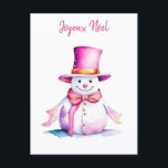 Vintage Pink Snowman Retro Personalized Christmas Postcard<br><div class="desc">Watercolor pink vintage Snowman with Retro vibes personalized Christmas card. Joyeux Noël.</div>