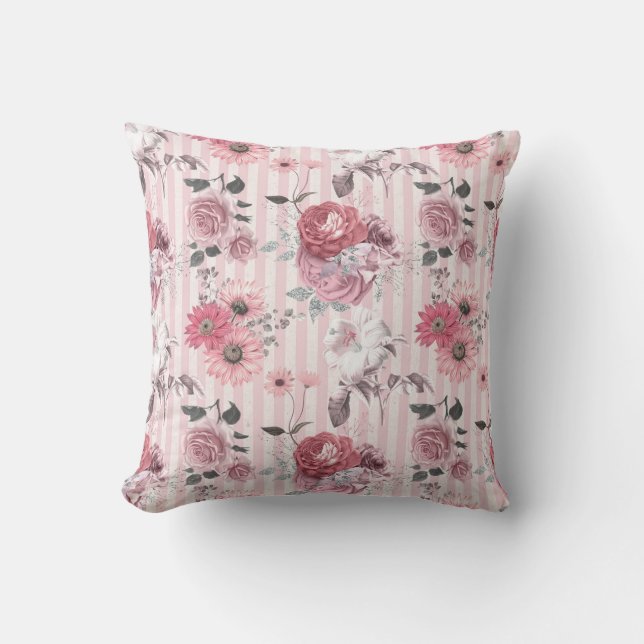 Vintage Pink Striped Floral Pattern Throw Pillow (Front)