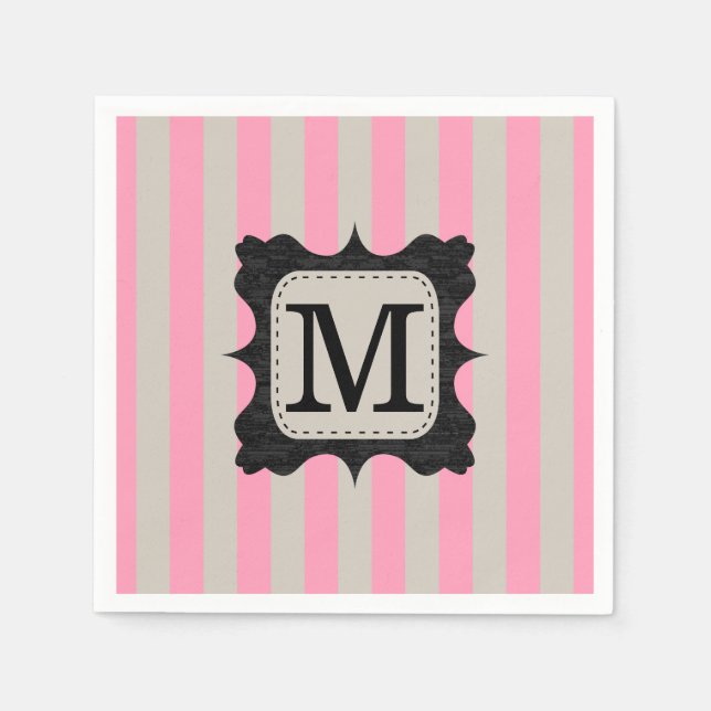 Vintage Pink Stripes Pattern Black Custom Monogram Napkin (Front)