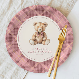 Vintage Pink Tartan Teddy Bear Baby Shower Paper Plate