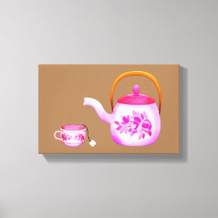 Vintage pink teapot tea party whimsical art canvas print