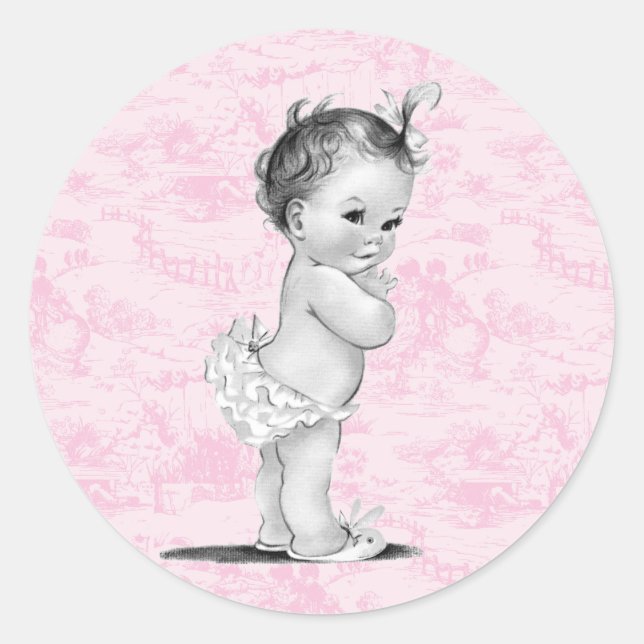 Vintage Pink Toile Baby Shower Stickers (Front)
