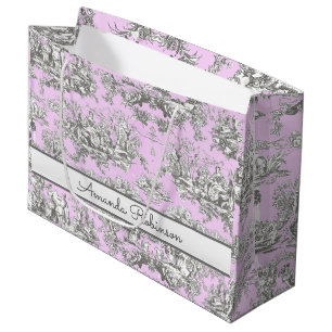 Vintage Pink Toile de Jouy Floral Lake Monogram Large Gift Bag