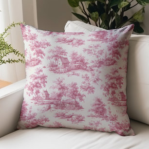 Vintage Pink Toile de Jouy Rustic Scenes Pattern Throw Pillow