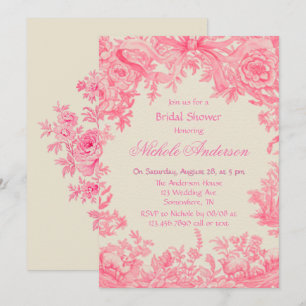 Vintage Pink Toile Flower Bridal Shower Invitation