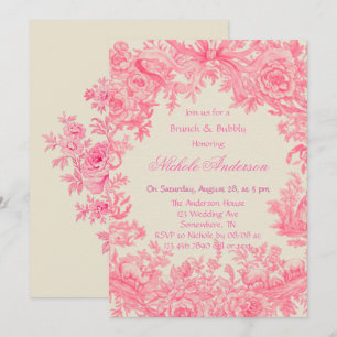Vintage Pink Toile Flower Brunch & Bubbly Invitation