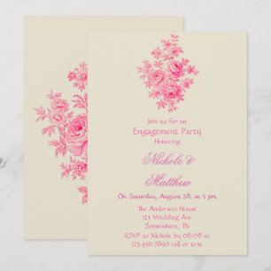 Vintage Pink Toile Flower Engagement Party Invitation