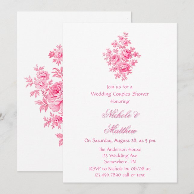 Vintage Pink Toile Flower Wedding Couples Shower Invitation (Front/Back)