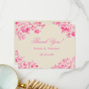 Vintage Pink Toile Flower Wedding Thank You Card