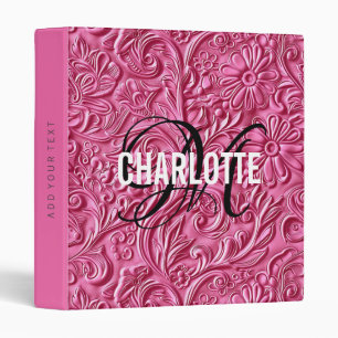 Vintage pink tooled leather monogram name binder