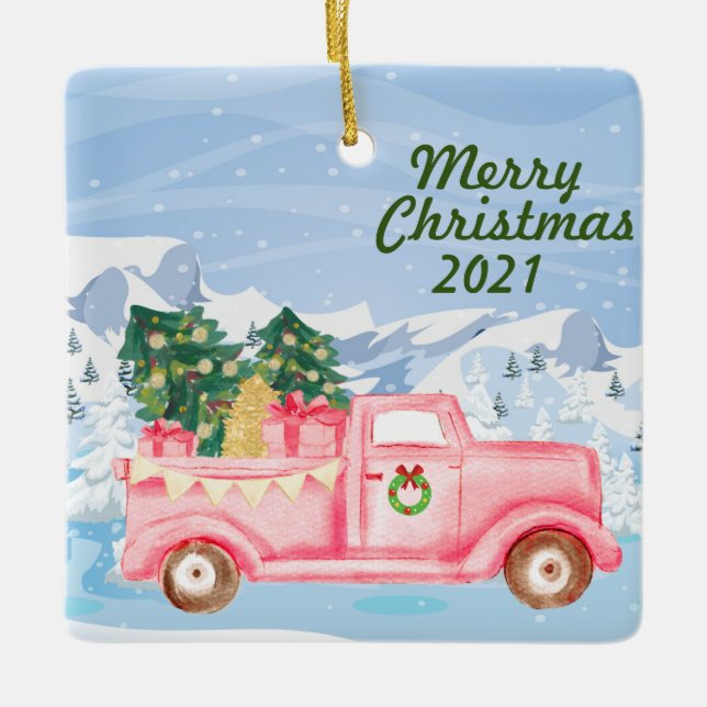 Vintage pink truck Christmas ornament (Front)