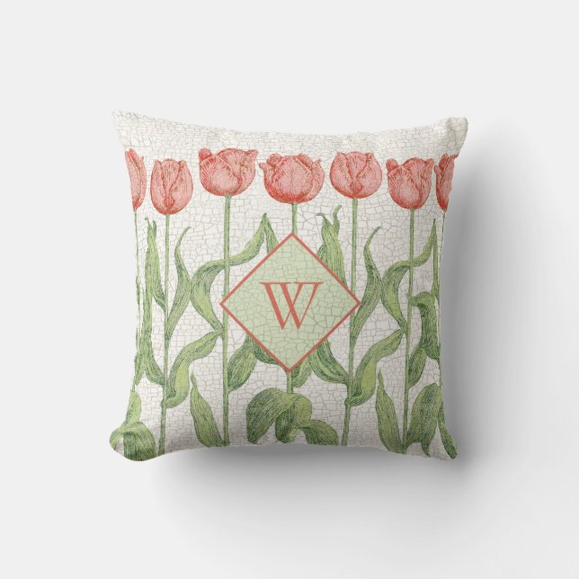 Vintage Pink Tulip Garden Monogram Floral Throw Pillow (Front)