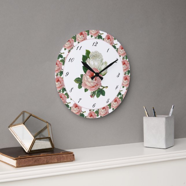 Vintage Pink Victorian Rose Wall Clock (Office)
