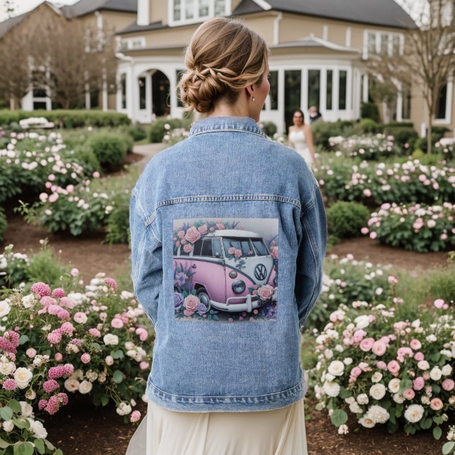 Vintage Pink VW Bus Denim Jacket (Wedding Back)