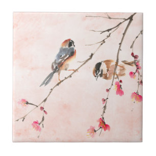 Vintage Pink Watercolor Flowers & Birds Tile