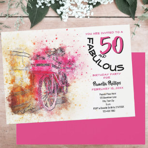 Vintage Pink Watercolor Girly Bicycle Birthday Invitation