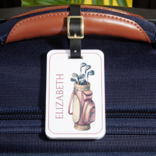 Vintage Pink Watercolor Golf Clubs Personalized Luggage Tag
