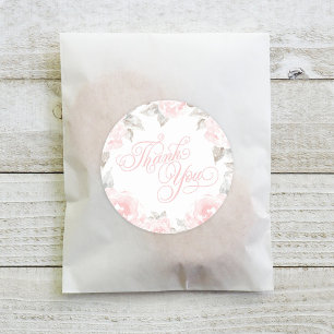 Vintage Pink Watercolor Rose Thank You Classic Round Sticker
