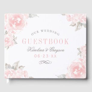 Vintage Pink Watercolor Rose Wedding Monogram Guest Book