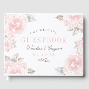 Vintage Pink Watercolor Rose Wedding Monogram Guest Book