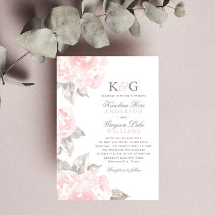 Vintage Pink Watercolor Rose Wedding Monogram Invitation