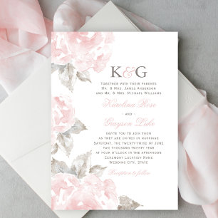 Vintage Pink Watercolor Rose Wedding Monogram Invitation