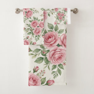 Vintage Pink Watercolor Roses Floral Seamless Bath Towel Set