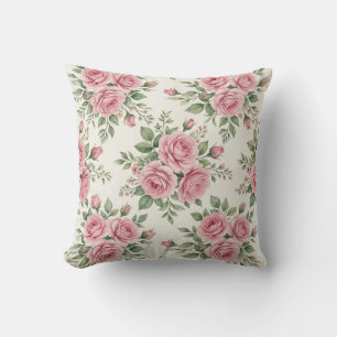 Vintage Pink Watercolor Roses Floral Seamless Throw Pillow