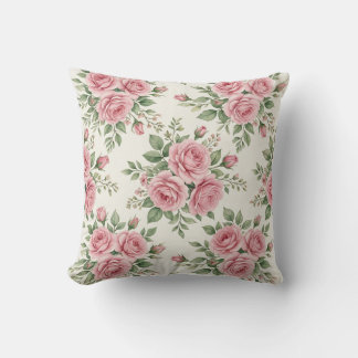 Vintage Pink Watercolor Roses Floral Seamless Throw Pillow