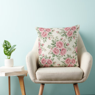 Vintage Pink Watercolor Roses Floral Seamless Throw Pillow